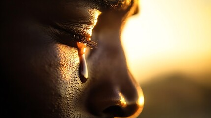 Aufkleber - Emotional Close Up of Face with Tears Symbolizing Sadness and Contemplation : Generative AI