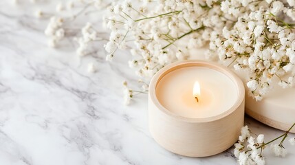 Fototapete - Soothing Candlelight Surrounded by Delicate White Flowers on Marble Table : Generative AI