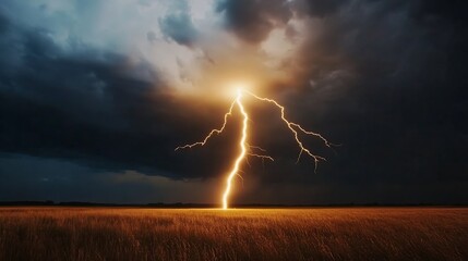 Poster - Dramatic lightning striking during stormy night illuminating dark clouds with a sense of power and nature's fury : Generative AI