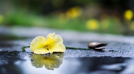 Poster - Delicate yellow flower with dew drops on wet surface reflecting green background : Generative AI