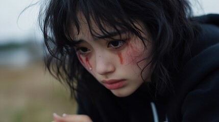 Poster - Emotional Portrait of a Young Woman with Tears and Red Marks Capturing Inner Sadness : Generative AI