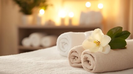 Aufkleber - Serene Spa Setting with Soft Towels and Relaxing Flower Vibes for Ultimate Comfort and Tranquility : Generative AI