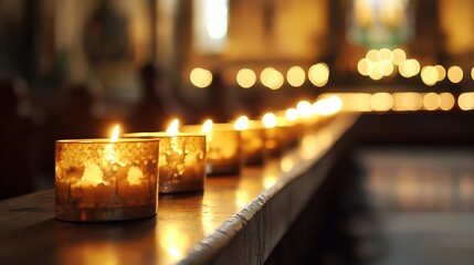 Aufkleber - Warm Glow of Candles in a Serene Church Interior with Bokeh Background : Generative AI