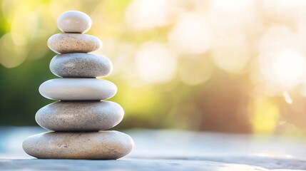 Poster - Balanced stones stacked carefully in a peaceful setting representing tranquility and harmony : Generative AI