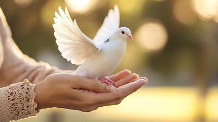 Poster - Close up of a white dove spreading its wings and being gently held in a hand during sunset : Generative AI