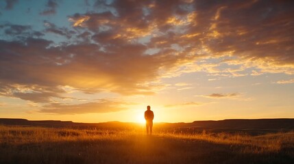 Poster - Spectacular Sunset Over Rolling Hills with Silhouette of a Person Standing in the Grass : Generative AI