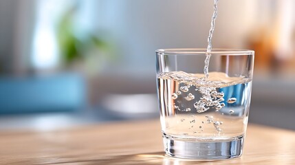 Poster - Pouring Fresh Water into a Glass with Bubbles on a Wooden Table : Generative AI