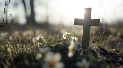 Poster - Peaceful grave marker surrounded by blooming flowers in serene sunset lighting : Generative AI