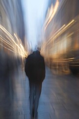 Poster - Blurred City Background Featuring a Silhouette of a Person Walking in Twilight : Generative AI
