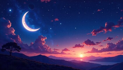 sparkling starry night scene with a crescent moon and planet silhouettes, cosmic landscape, space, c