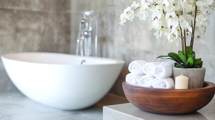 Aufkleber - Relaxing Bathroom with Bathtub and Elegant Orchid Decor : Generative AI