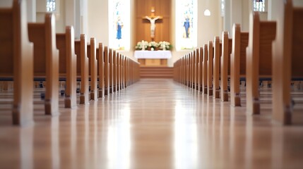Aufkleber - Interior of a Church with Wooden Pews and Altar in a Brightly Lit Sanctuary : Generative AI