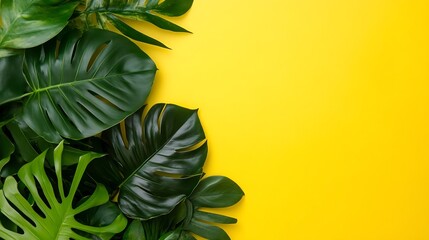 Poster - Vibrant Green Leaves on Bright Yellow Background for Nature Inspired Design : Generative AI