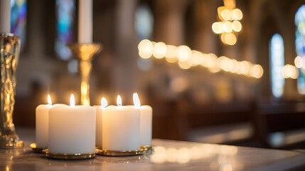Aufkleber - Glowing White Candles on Table with Soft Focus Background in Church Setting : Generative AI