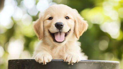 Poster - Adorable and Playful Golden Retriever Puppy with Big Bright Eyes and Happy Expression : Generative AI