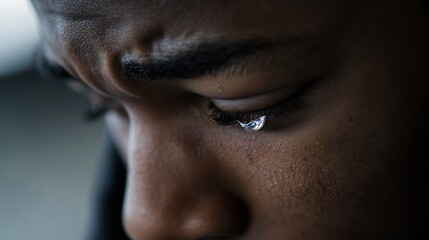 Poster - Close Up of a Sad Young Man With Tear Reflecting Pain and Emotion : Generative AI