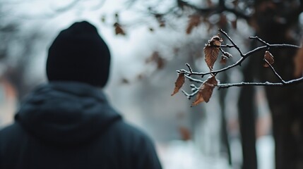 Poster - Man in Winter Coat Strolling Under Bare Tree Branches in Cold Weather Ambiance : Generative AI