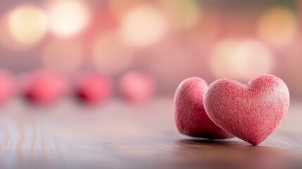 Poster - Two Soft Pink Hearts on a Warm Wooden Surface with a Blurred Background : Generative AI