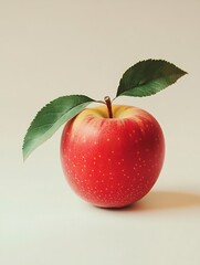 Poster - Single ripe apple with green leaves against a soft pastel background : Generative AI