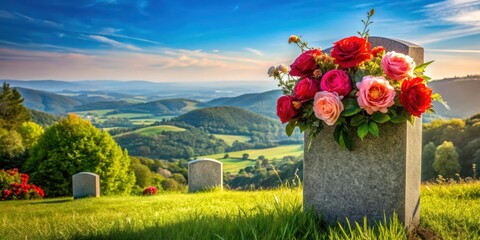 Wall Mural - A gravestone adorned with vibrant roses and lush greenery