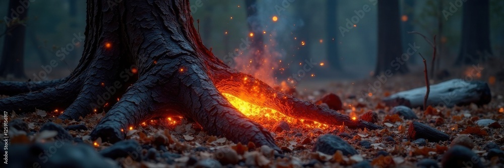 Ember Tree Drawing Sparkling embers light up ancient tree trunk after wildfire, ash, wood ...