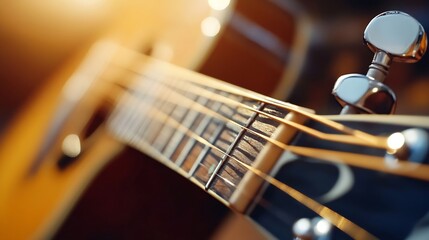 Poster - Close Up of Acoustic Guitar Strings Glimmering in Soft Natural Light : Generative AI