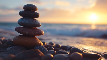 Poster - Zen Like Stacked Stones on a Beach During a Golden Sunrise : Generative AI