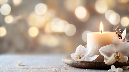 Aufkleber - Serene candle with white orchids set against a blurred illuminated background for relaxation and ambiance : Generative AI