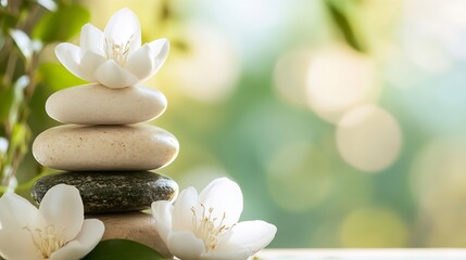 Aufkleber - Zen stone stack with flowers in a calm natural setting conveying serenity and balance : Generative AI