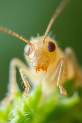 Poster - Close Up of a Yellow Insect with Big Eyes on Green Plant Macro Photography : Generative AI