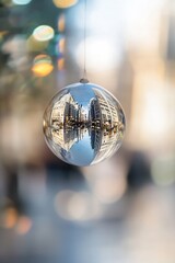 Poster - Glittering Christmas Ornament Reflecting Urban Landscape in Soft Focus : Generative AI