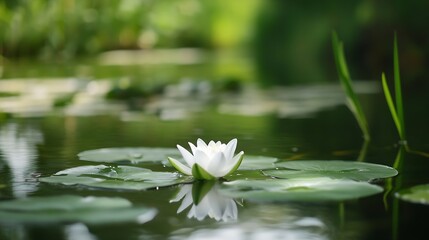 Aufkleber - Beautiful White Water Lily Blooming on a Calm Pond Surrounded by Green Leaves : Generative AI