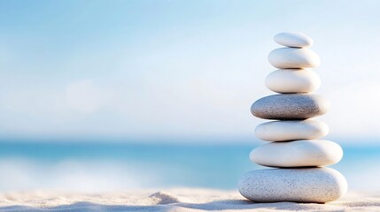 Aufkleber - Balanced white stones stacked on sandy beach with ocean background : Generative AI