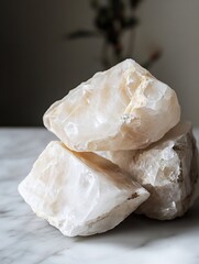 Leinwandbilder - Close up shot of shimmering quartz crystals stacked on a marble table creating an elegant display : Generative AI