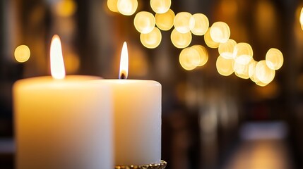 Poster - Elegant White Candles Burning in Soft Warm Light Creating a Cozy Ambiance for Relaxation and Meditation : Generative AI