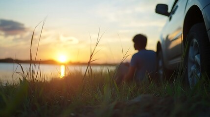 Poster - Peaceful sunset scene with a man sitting on grass near a car by the lake : Generative AI