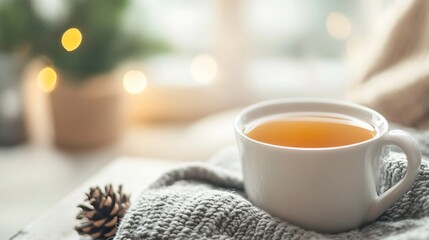 Poster - Cozy Warm Cup of Herbal Tea Surrounded by Natural Light and Soft Knit Blanket : Generative AI