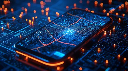 Futuristic smartphone with digital network background