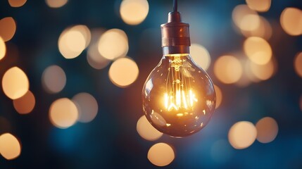 Aufkleber - Vintage light bulb glowing warmly with bright bokeh background for cozy ambiance and warm feeling : Generative AI