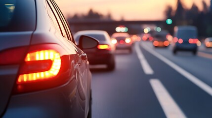Aufkleber - Evening Traffic Flow on a Highway with Cars in Motion Against a Beautiful Sunset : Generative AI