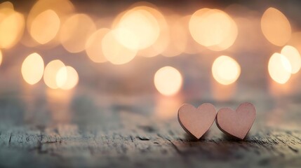 Poster - Romantic Soft Focus Background with Two Wooden Hearts and Blurry Lights : Generative AI