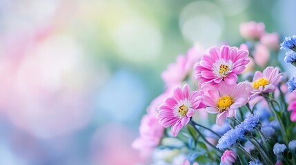 Poster - Beautiful closeup of pink and blue flowers against a blurred background : Generative AI