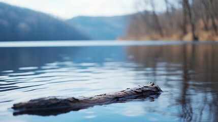 Poster - Calm serene water surface with log floating reflecting trees and mountains in peaceful outdoor setting : Generative AI