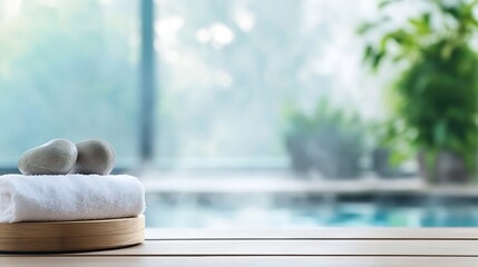 Aufkleber - Calming spa setting with smooth stones and soft towel near tranquil water : Generative AI