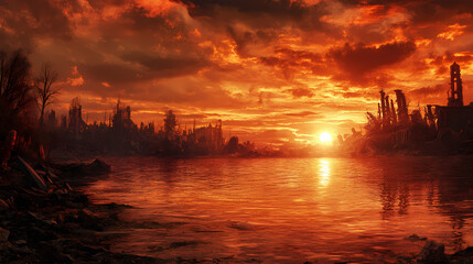 Wall Mural - Fiery sunset over calm water, apocalyptic scene, fantasy. Serene Apocalypse. Illustration