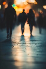 Poster - Silhouettes of people walking in urban street with glowing lights creating a vibrant nightlife atmosphere : Generative AI
