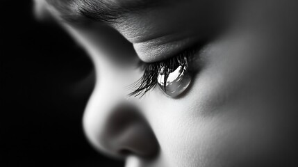 Aufkleber - Emotional black and white portrait of a child with a tear reflecting deep feelings and beauty : Generative AI