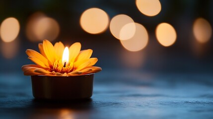 Poster - Beautiful Floating Candle with Flower Petals Illuminated Against a Soft Background : Generative AI