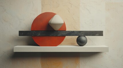 Aufkleber - A contemporary abstract art piece featuring geometric shapes such as circles, cones, and rectangles in red, black, and white, balanced on a shelf against a textured wall. AI generated.