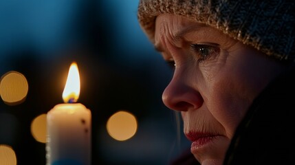 Poster - Pensive woman holding a candle in a dark setting revealing deep emotions and thoughtful moments : Generative AI